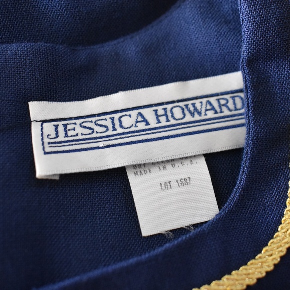 80s Jessica Howard LSheath Dress Navy Blue Gold Stars Americana 14 VTG - Picture 6 of 8